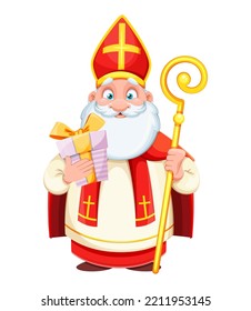 Cute Saint Nicholas or Sinterklaas with gift box. Happy Saint Nicholas Day. Cute cartoon character