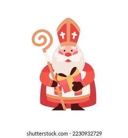 Cute Saint Nicholas or Sinterklaas with gift box and staff. Happy St Nicholas Day. Old man bishop character. Winter Christian holiday. Mascot cartoon vector illustration.