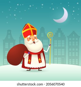 Cute Saint Nicholas or Sinterklaas with gifts bag is coming to town - winter night scene