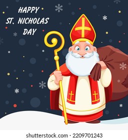 Cute Saint Nicholas or Sinterklaas. Happy St. Nicholas Day greeting card. Cute cartoon character. 