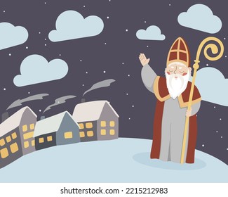Cute Saint Nicholas or Sinterklaas. Happy Saint Nicholas Day. the saint raised one hand up where the text can be placed. Translation from German: Brought by Nicholas. Cute cartoon character in vector