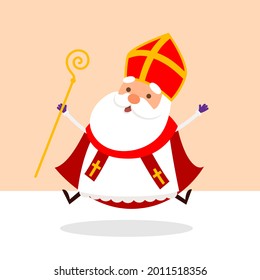 Cute Saint Nicholas or Sinterklaas jumping - happy expression - vector illustration