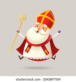 Cute Saint Nicholas or Sinterklaas jumping - happy expression - vector illustration