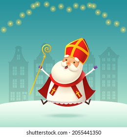 Cute Saint Nicholas - Sinterklaas jumping - happy expression - winter night landscape