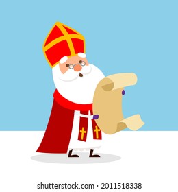 Cute Saint Nicholas or Sinterklaas with lists - vector illustration