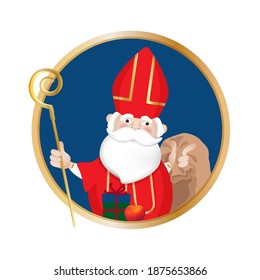 Cute Saint Nicholas or Sinterklaas in mitre hat with sack of gifts and apples for children on winter Christmas holiday,  in round frame isolated at white background, cartoon style vector illustration