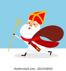 Cute Saint Nicholas or Sinterklaas running to town with gift bag - vector illustration