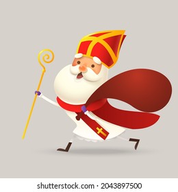 Cute Saint Nicholas or Sinterklaas running to town with gift bag - vector illustration