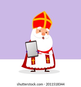 Cute Saint Nicholas or Sinterklaas with tablet - vector illustration