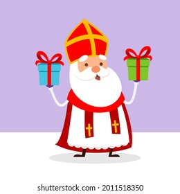 Cute Saint Nicholas or Sinterklaas with two gifts - vector illustration