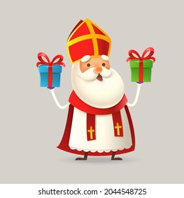 Cute Saint Nicholas or Sinterklaas with two gifts - 3D vector illustration