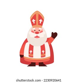 Cute Saint Nicholas or Sinterklaas waving by hand. Happy St Nicholas Day. Old man bishop character. Winter Christian holiday. Mascot cartoon vector illustration.