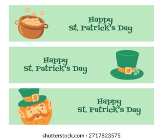 Cute Saint Patricks Day card set with hats and festive elements. Fun illustration for greetings, social media posts and holiday designs.