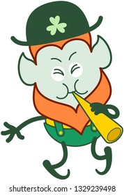 Cute Saint Patrick's Day Leprechaun with red beard, pointy ears and traditional shorts and suspenders clenching his eyes while making a big effort to play a cornet