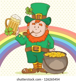 Cute Saint Patrick's Leprechaun in top-hat, smoking a pipe, holding a beer mug, with gold cauldron on rainbow and polka dot background