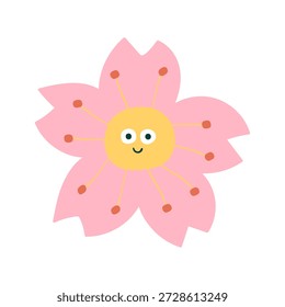 Linda Sakura con Cara. Vector Feliz flor de cerezo. Ilustración plana minimalista de los niños en el fondo blanco