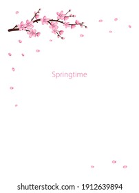 Cute Sakura flowers icon set. The cherry branches have bloomed. Spring pink blooming composition with buds and leaves. Festive decorations for wedding, holiday, postcard, poster. Vector illustration