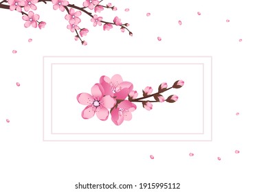 Cute Sakura flowers icon set. The cherry branches have bloomed. Spring pink blooming composition with buds and leaves. Festive decorations for wedding, holiday, postcard, poster. Vector illustration