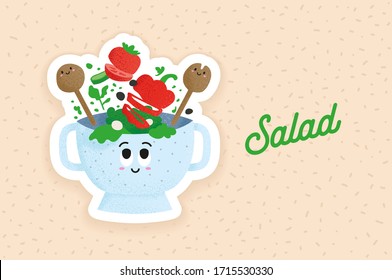 Cute salad bowl with happy kitchen wood spoons. Mix green vegetables including salad, tomato, fresh pepper, cucumber and seeds in blue plate. Healthy food with adorable faces vector illustration.