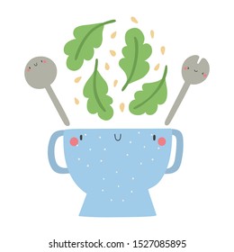 Cute Salad bowl with smiley face. Vector food illustration with plate, green salad and seed. 