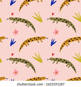Cute salamander vector pattern, seamless design. Trendy hand drawn illustration, scandinavian style. Good for textile design, wallpapers, background, wrapping paper and more