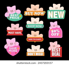 Cute sale badge designs with cat including Best Price, Buy Now, New, Must Have, 50% Off, Save More, Best Deal for online shopping, marketing, promotion, sticker, banner, special price, button, ads