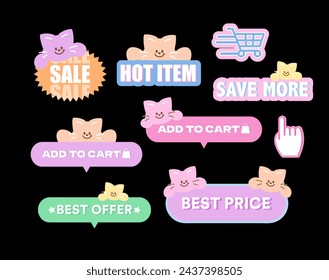 Cute sale badge designs with cat including Hot Item, Add to Cart, Save More, Best Offer, Best Price for online shopping, marketing, promotion, pastel sticker, banner, button, campaign, print, ad, icon