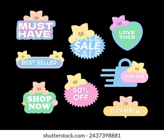 Lindos diseños de insignia de venta con gato incluyendo Debe Tener, Venta, Amar Esto, Más Vendido, Comprar Ahora, 50% de descuento, Comprar Ahora, Haga Clic Aquí para comprar en línea, marketing, promoción, etiqueta engomada, banner, botón, campaña