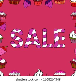 Cute sale banner. Lettering. Picture in black, magenta and white colors. Vector illustration. Seamless.