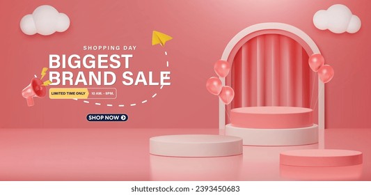 Cute sale banner podium, pink balloons and elements are available for use on online shopping websites or in social media advertising.