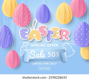 Cute sale banner with realistic paper-style decorations. Coloured eggs, a drawn rabbit and carrot, 3D inscription of Easter with bunny ears and a ribbon on a blue background. A discount offer template