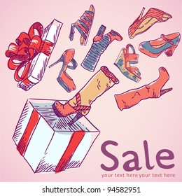 Cute sale postcard with shoes flowing out of the box