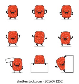 cute salmon meat cartoon. with happy facial expressions and different poses, isolated on a white background