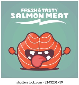cute salmon meat cartoon. Sashimi japanese food vector illustration. with a funny expression
