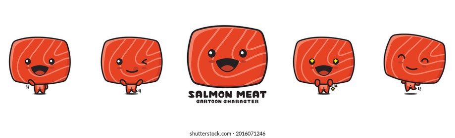 cute salmon meat mascot, food cartoon illustration, with different facial expressions and poses, isolated on white background