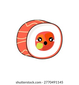 Cute Salmon Roll Sushi Character Vector Illustration Isolated on White Background