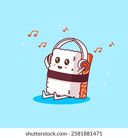 Cute salmon sushi listening music character mascot cartoon design kawaii