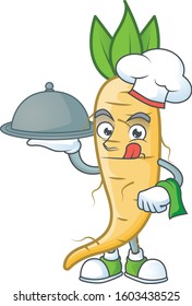 Cute salsify as a Chef with hat and tray cartoon style design