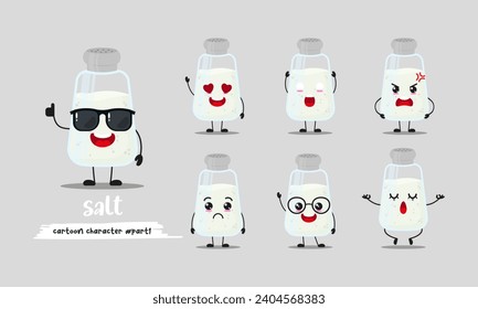 cute salt cartoon with many expressions. ingredient character different activity pose vector illustration flat design set with sunglasses.