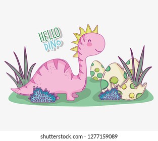 cute saltasaurus with dino egg in the bushes