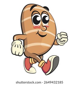 cute salted butter roll mascot cartoon vector illustration walking, bakery bread character with happy face and red shoes isolated on transparant backnground, work of hand drawn