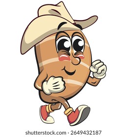 cute salted butter roll mascot cartoon vector illustration walking wearing a cowboy hat, bakery bread character with happy face and red shoes isolated on transparant backnground, work of hand drawn