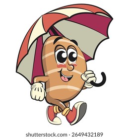 cute salted butter roll mascot cartoon vector illustration walking with an umbrella, bakery bread character with happy face and red shoes isolated on transparant backnground, work of hand drawn