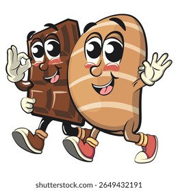cute salted butter roll mascot cartoon vector illustration walking with a mascot chocolate, bakery bread character with happy face and red shoes isolated on transparant backnground, work of hand drawn