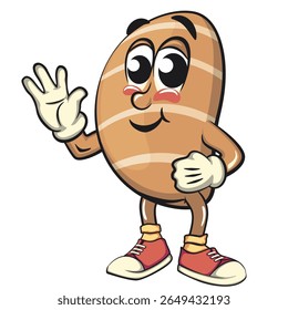 cute salted butter roll mascot cartoon vector illustration wave hands, bakery bread character with happy face and red shoes isolated on transparant backnground, work of hand drawn