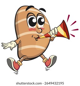 cute salted butter roll mascot cartoon vector illustration blow the party horn trumpet, bakery bread character with happy face and red shoes isolated on transparant backnground, work of hand drawn