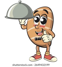 cute salted butter roll mascot cartoon vector illustration be the waiter who carries the lid, bakery bread character with happy face isolated on transparant backnground, work of hand drawn