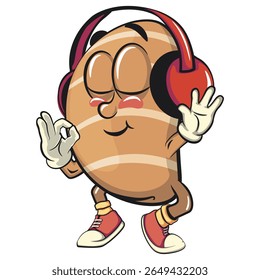 cute salted butter roll mascot cartoon vector illustration listening to headset while dancing calm, bakery bread character with happy face isolated on transparant backnground, work of hand drawn
