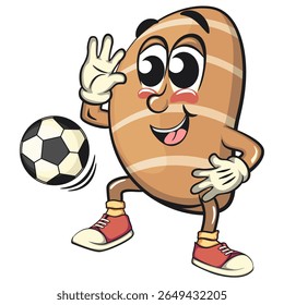cute salted butter roll mascot cartoon vector illustration play football or soccer, bakery bread character with happy face and red shoes isolated on transparant backnground, work of hand drawn