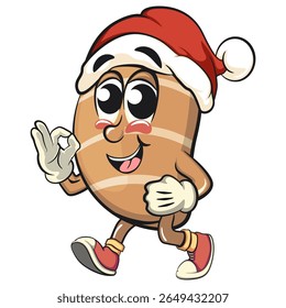 cute salted butter roll mascot cartoon vector illustration wearing a Santa Claus hat, bakery bread character with happy face and red shoes isolated on transparant backnground, work of hand drawn